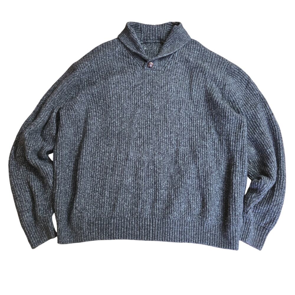 Mens Vtg Preppy Grandpa Classic Gray Shawl Collar Chunky Knit Ribbed Sweater XL